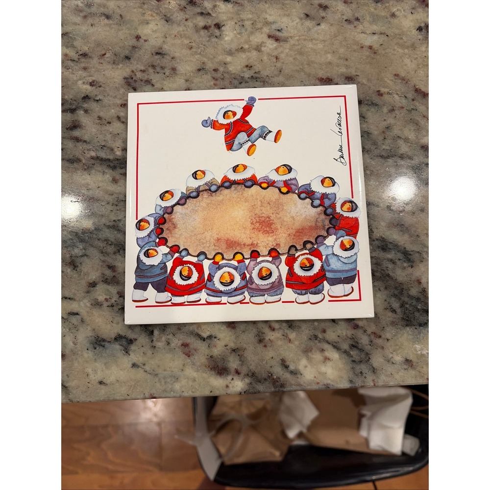 Barbara LaVallee Ceramic Tile Trivet Blanket Toss 6x6 White Vintage